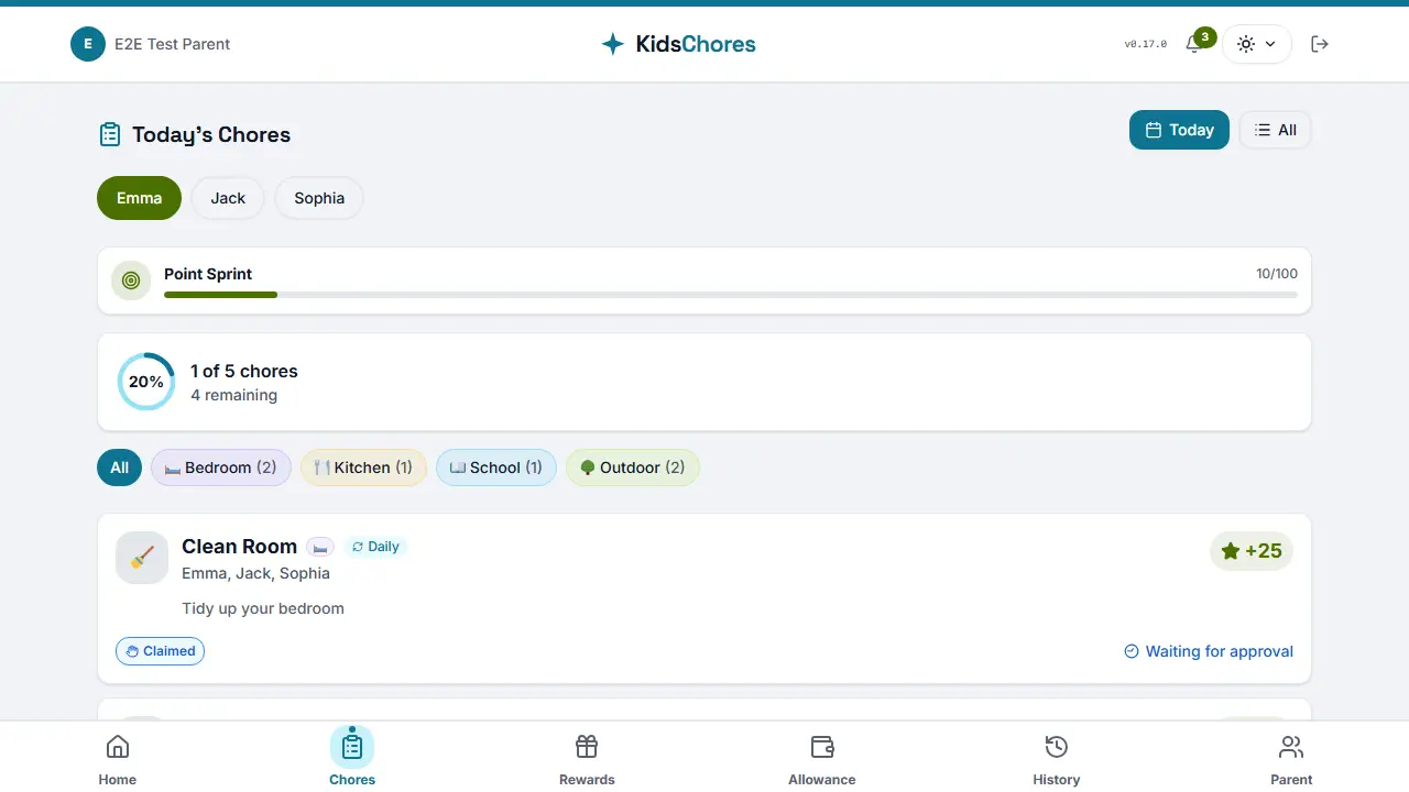 The chore list with per-chore point values, assignees and claim buttons awaiting parent approval.