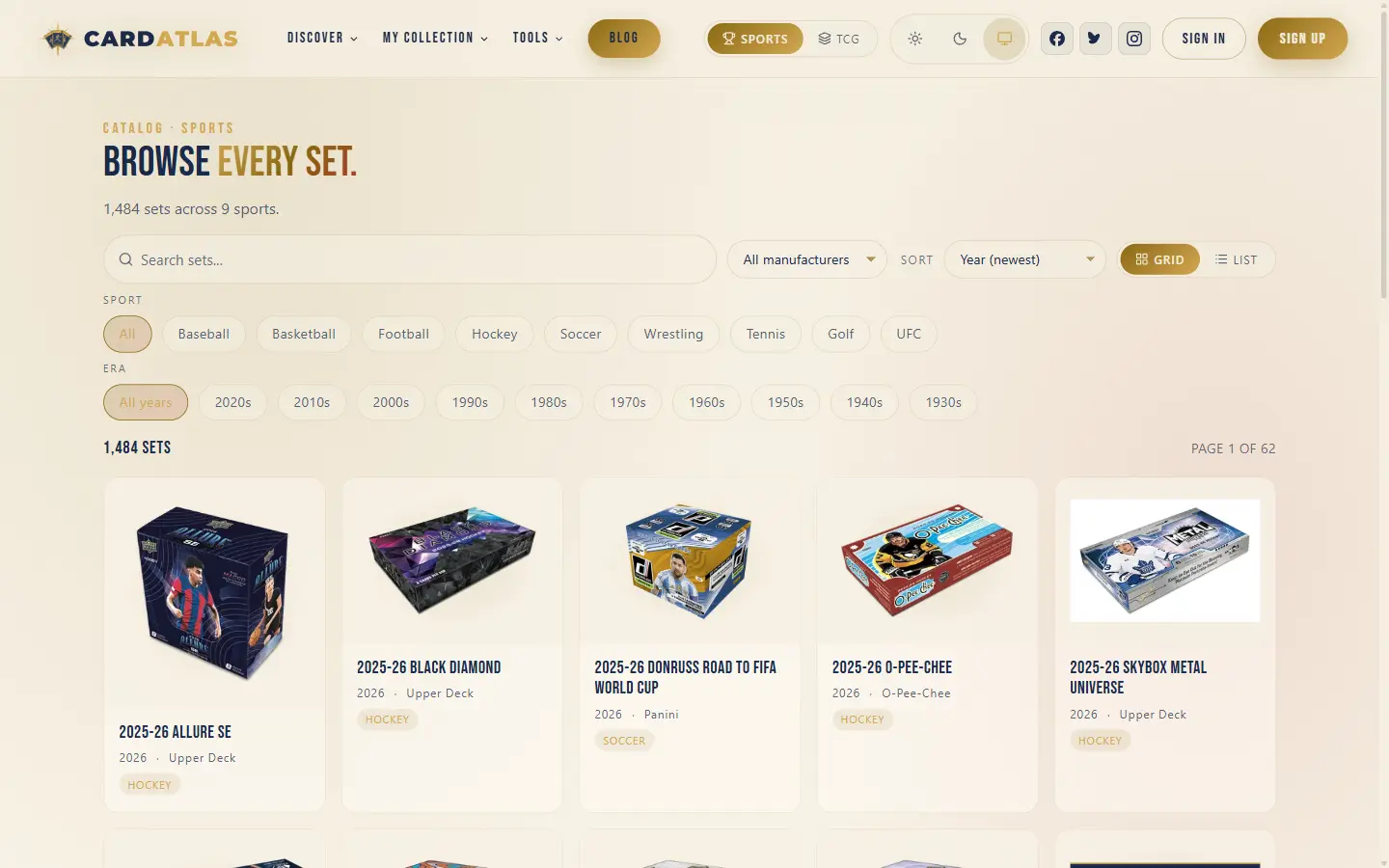 The set browser listing 1,484 sports sets, with filters for sport, era and manufacturer above a grid of sealed-box images.